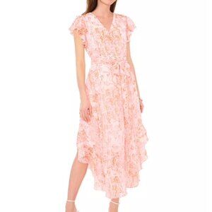 Vince Camuto Flutter Sleeve Belted High-Low Maxi Dress Pink Orange Floral NWT